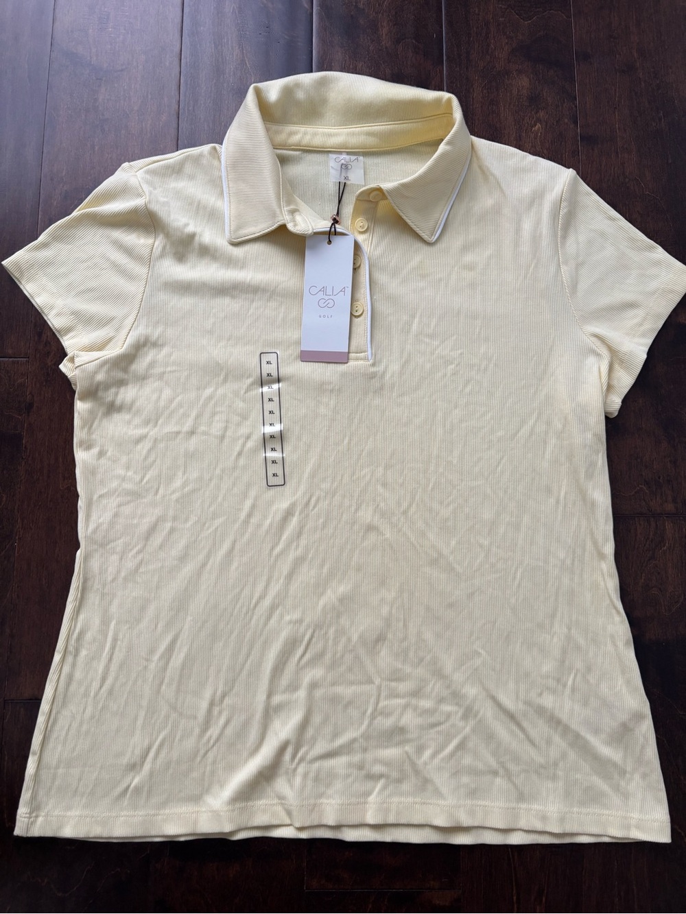 Calia Women’s XL Rib Short Sleeve Polo, Panna Cotta (Yellow), NWT